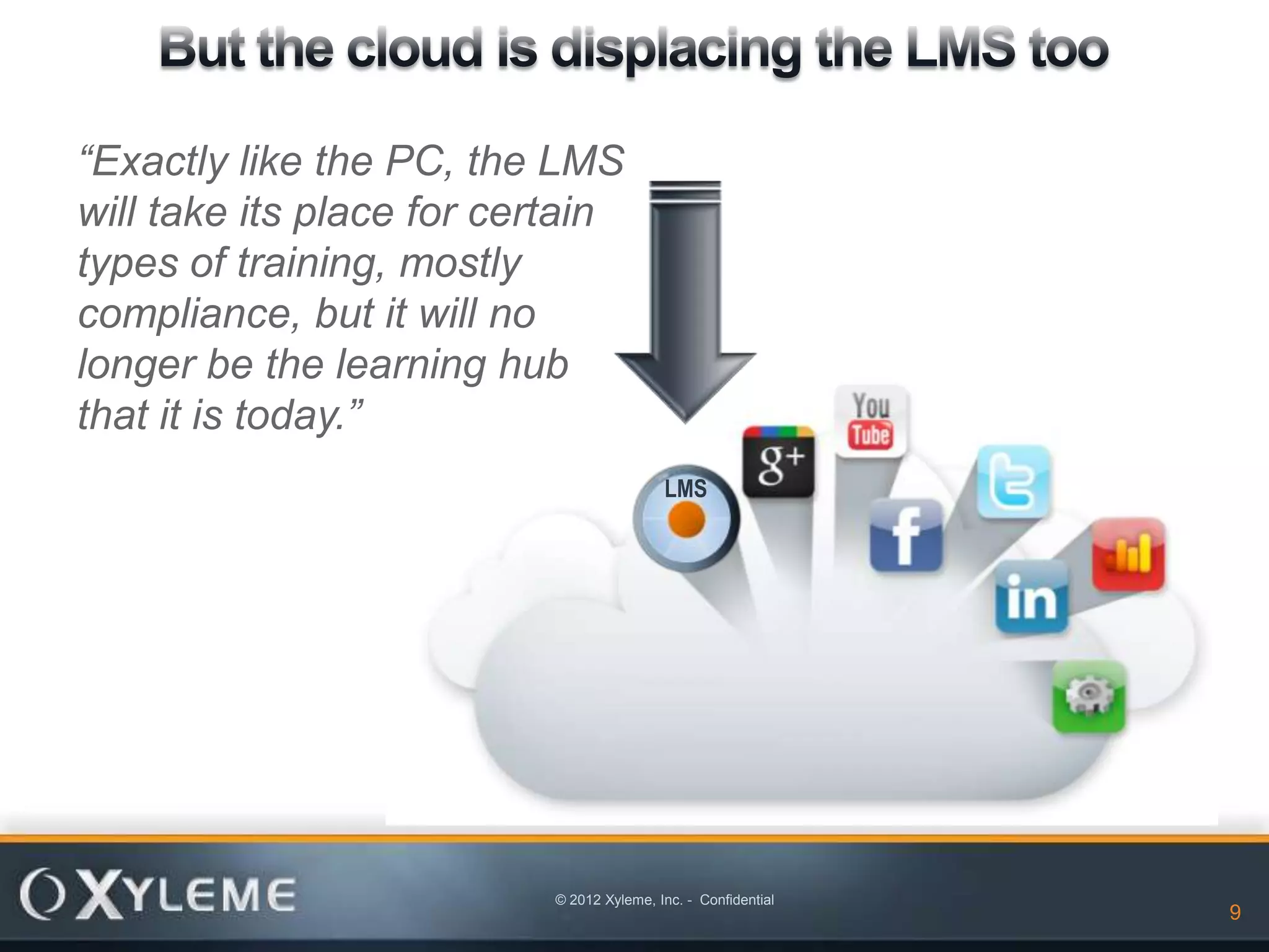 “Exactly like the PC, the LMS
will take its place for certain
types of training, mostly
compliance, but it will no
longer be the learning hub
that it is today.”
                                           LMS




                           © 2012 Xyleme, Inc. - Confidential
                                                                9
 