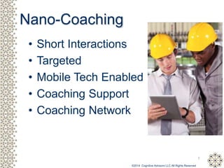 7
• Short Interactions
• Targeted
• Mobile Tech Enabled
• Coaching Support
• Coaching Network
Nano-Coaching
©2014 Cognitive Advisors LLC All Rights Reserved
 