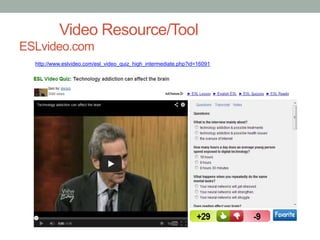 Video Resource/Tool
ESLvideo.com
http://www.eslvideo.com/esl_video_quiz_high_intermediate.php?id=16091

 