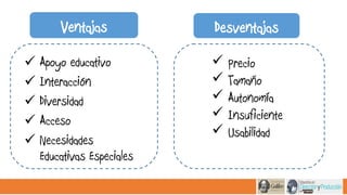 Ventajas Desventajas 
 Apoyo educativo 
 Interacción 
 Diversidad 
 Acceso 
 Necesidades 
Educativas Especiales 
 Precio 
 Tamaño 
 Autonomía 
 Insuficiente 
 Usabilidad 
 