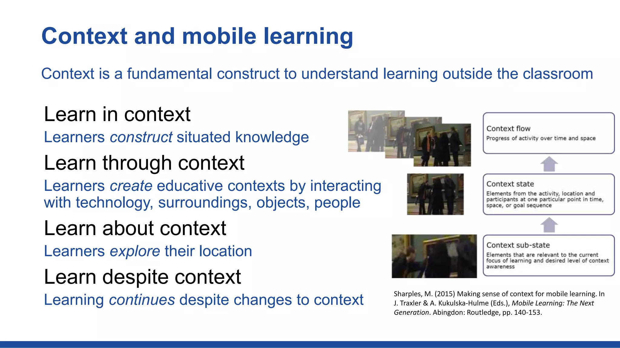 Context and mobile learning
Context is a fundamental construct to understand learning outside the classroom
Learn in context
Learners construct situated knowledge
Learn through context
Learners create educative contexts by interacting
with technology, surroundings, objects, people
Learn about context
Learners explore their location
Learn despite context
Learning continues despite changes to context
Sharples, M. (2015) Making sense of context for mobile learning. In
J. Traxler & A. Kukulska-Hulme (Eds.), Mobile Learning: The Next
Generation. Abingdon: Routledge, pp. 140-153.
 