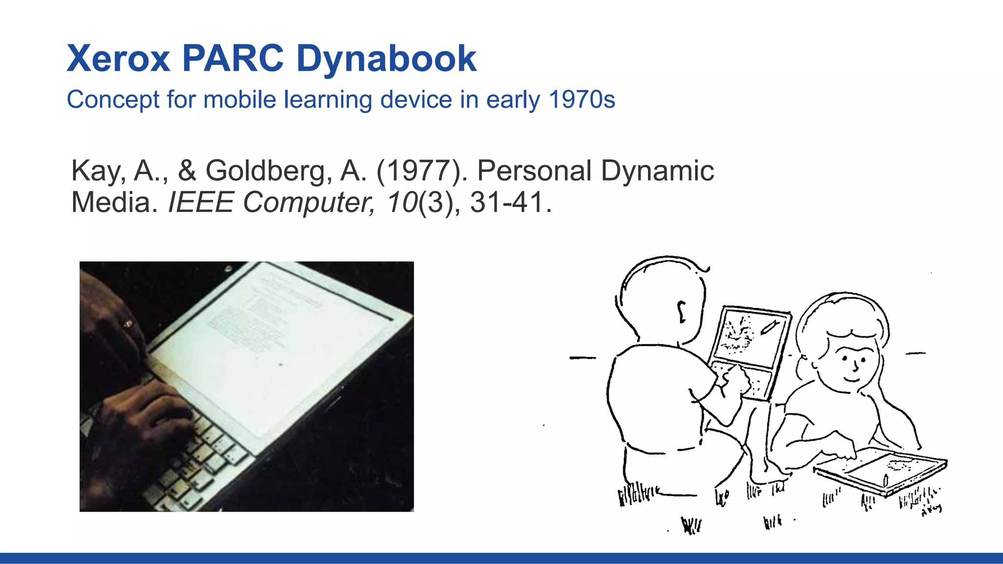 Kay, A., & Goldberg, A. (1977). Personal Dynamic
Media. IEEE Computer, 10(3), 31-41.
Xerox PARC Dynabook
Concept for mobile learning device in early 1970s
 