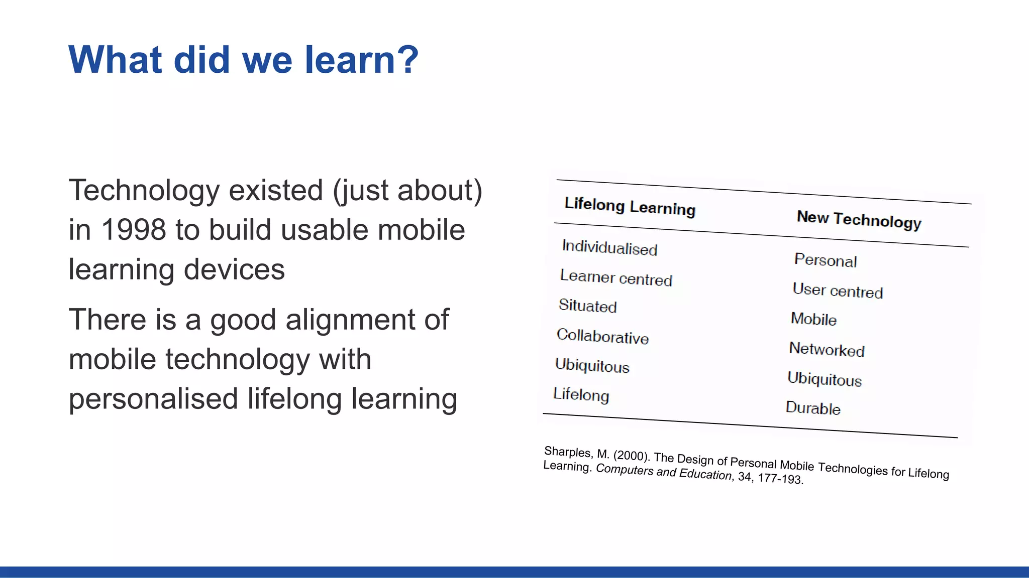 Technology existed (just about)
in 1998 to build usable mobile
learning devices
There is a good alignment of
mobile technology with
personalised lifelong learning
What did we learn?
 
