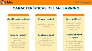 CARACTERÍSTICAS DEL M-LEARNING
Portabilidad
Motivacional
se pueden realizar
múltiples tareas
(multitasking)
permite el acceso
a internet.
el tamaño facilita
que el usuario
siempre lo lleve
encima.
Uso personal
cada individuo
posee su
dispositivo y este
está totalmente
personalizado.
hay una
predisposición
más receptiva para
el aprendizaje
Accesibilidad
a apps
el uso del las apps
sirve para el
aprendizaje, para la
creación y curación
de contenido…
Multifuncionalidad Conectividad
 