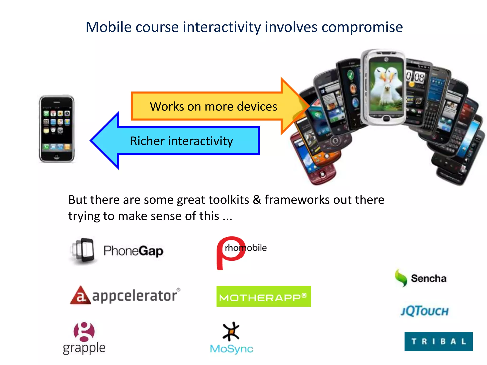 Mobile course interactivity involves compromiseWorks on more devicesRicher interactivityBut there are some great toolkits & frameworks out there trying to make sense of this ...