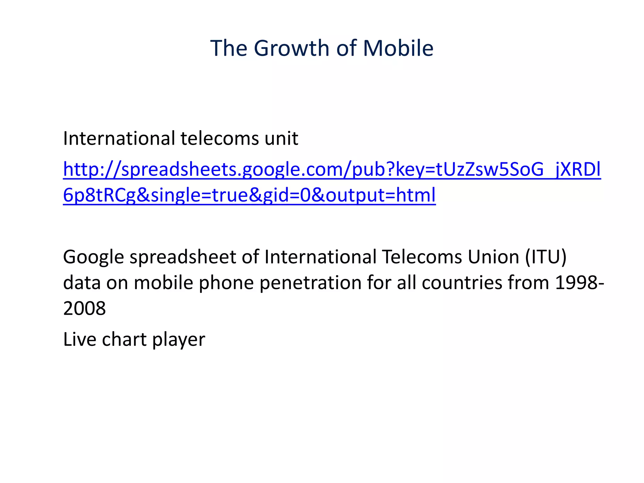 The Growth of MobileInternational telecoms unit http://spreadsheets.google.com/pub?key=tUzZsw5SoG_jXRDl6p8tRCg&single=true&gid=0&output=htmlGoogle spreadsheet of International Telecoms Union (ITU) data on mobile phone penetration for all countries from 1998-2008Live chart player 