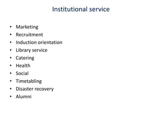 Institutional service MarketingRecruitmentInduction orientation Library serviceCatering HealthSocial TimetablingDisaster recovery Alumni