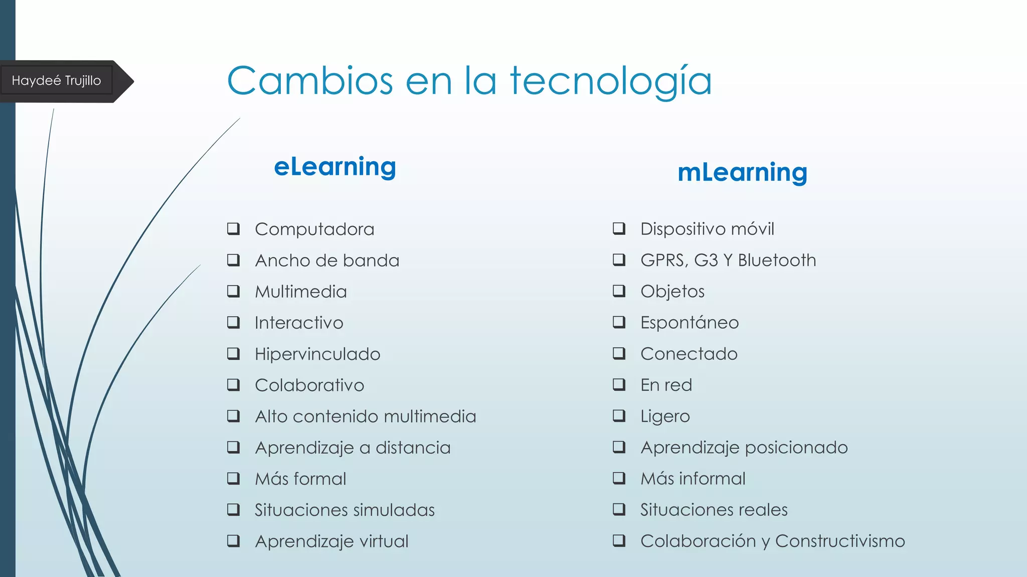 Haydeé Trujillo

Cambios en la tecnología
eLearning

mLearning

 Computadora

 Dispositivo móvil

 Ancho de banda

 GPRS, G3 Y Bluetooth

 Multimedia

 Objetos

 Interactivo

 Espontáneo

 Hipervinculado

 Conectado

 Colaborativo

 En red

 Alto contenido multimedia

 Ligero

 Aprendizaje a distancia

 Aprendizaje posicionado

 Más formal

 Más informal

 Situaciones simuladas

 Situaciones reales

 Aprendizaje virtual

 Colaboración y Constructivismo

 