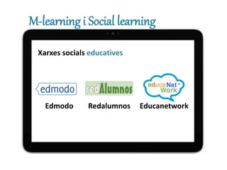 M-learning i Social learning
Xarxes socials educatives
Edmodo Redalumnos Educanetwork
 