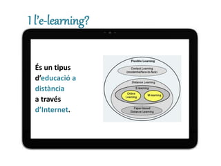 I l’e-learning?
És un tipus
d’educació a
distància
a través
d’Internet.
 