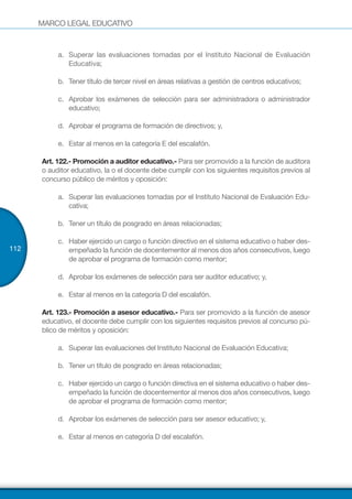 MARCO LEGAL EDUCATIVO
112
a.	 Superar las evaluaciones tomadas por el Instituto Nacional de Evaluación
Educativa;
b.	 Tener título de tercer nivel en áreas relativas a gestión de centros educativos;
c.	 Aprobar los exámenes de selección para ser administradora o administrador
educativo;
d.	 Aprobar el programa de formación de directivos; y,
e.	 Estar al menos en la categoría E del escalafón.
Art. 122.- Promoción a auditor educativo.- Para ser promovido a la función de auditora
o auditor educativo, la o el docente debe cumplir con los siguientes requisitos previos al
concurso público de méritos y oposición:
a.	 Superar las evaluaciones tomadas por el Instituto Nacional de Evaluación Edu-
cativa;
b.	 Tener un título de posgrado en áreas relacionadas;
c.	 Haber ejercido un cargo o función directivo en el sistema educativo o haber des-
empeñado la función de docentementor al menos dos años consecutivos, luego
de aprobar el programa de formación como mentor;
d.	 Aprobar los exámenes de selección para ser auditor educativo; y,
e.	 Estar al menos en la categoría D del escalafón.
Art. 123.- Promoción a asesor educativo.- Para ser promovido a la función de asesor
educativo, el docente debe cumplir con los siguientes requisitos previos al concurso pú-
blico de méritos y oposición:
a.	 Superar las evaluaciones del Instituto Nacional de Evaluación Educativa;
b.	 Tener un título de posgrado en áreas relacionadas;
c.	 Haber ejercido un cargo o función directiva en el sistema educativo o haber des-
empeñado la función de docentementor al menos dos años consecutivos, luego
de aprobar el programa de formación como mentor;
d.	 Aprobar los exámenes de selección para ser asesor educativo; y,
e.	 Estar al menos en categoría D del escalafón.
 