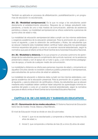 MARCO LEGAL EDUCATIVO
146
También es aplicada en procesos de alfabetización, postalfabetización y en progra-
mas de educación no escolarizada.
Art. 25.- Modalidad semipresencial. Es la que no exige a los estudiantes asistir
diariamente al establecimiento educativo. Requiere de un trabajo estudiantil inde-
pendiente, a través de uno o más medios de comunicación, además de asistencia
periódica a clases. La modalidad semipresencial se ofrece solamente a personas de
quince años de edad o más.
La modalidad de educación semipresencial debe cumplir con los mismos estándares
y exigencia académica de la educación presencial. Para la promoción de un grado o
curso al siguiente, y para la obtención de certificados y títulos, los estudiantes que
se educan mediante esta modalidad deben certificar haber adquirido los aprendizajes
mínimos requeridos del grado o curso en un examen nacional estandarizado, según la
normativa que para el efecto emita el Nivel Central de la Autoridad Educativa Nacional.
Art. 26.- Modalidad a distancia. Es la que propone un proceso autónomo de apren-
dizaje de los estudiantes para el cumplimiento del currículo nacional, sin la asistencia
presencial a clases y con el apoyo de un tutor o guía, y con instrumentos pedagógi-
cos de apoyo, a través de cualquier medio de comunicación.
La modalidad a distancia se oferta para personas mayores de edad y, únicamente en
aquellos Circuitos donde no existiere cobertura pública presencial o semipresencial,
para estudiantes de quince años de edad en adelante.
La modalidad de educación a distancia debe cumplir con los mismos estándares y exi-
gencia académica de la educación presencial. Para la promoción de un grado o curso
al siguiente, y para la obtención de certificados y títulos, los estudiantes que se educan
mediante esta modalidad deben certificar haber adquirido los aprendizajes mínimos re-
queridos del grado o curso en un examen nacional estandarizado, según la normativa
que para el efecto emita el Nivel Central de la Autoridad Educativa Nacional.
CAPÍTULO III. DE LOS NIVELES Y SUBNIVELES EDUCATIVOS
Art. 27.- Denominación de los niveles educativos. El Sistema Nacional de Educación
tiene tres (3) niveles: Inicial, Básica y Bachillerato.
El nivel de Educación Inicial se divide en dos (2) subniveles:
1.	 Inicial 1, que no es escolarizado y comprende a infantes de hasta tres (3)
años de edad; e,
2.	 Inicial 2, que comprende a infantes de tres (3) a cinco (5) años de edad.
 