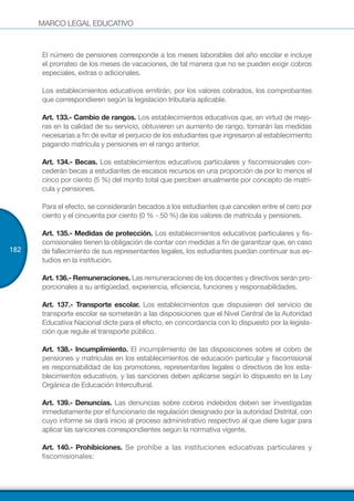 MARCO LEGAL EDUCATIVO
182
El número de pensiones corresponde a los meses laborables del año escolar e incluye
el prorrateo de los meses de vacaciones, de tal manera que no se pueden exigir cobros
especiales, extras o adicionales.
Los establecimientos educativos emitirán, por los valores cobrados, los comprobantes
que correspondieren según la legislación tributaria aplicable.
Art. 133.- Cambio de rangos. Los establecimientos educativos que, en virtud de mejo-
ras en la calidad de su servicio, obtuvieren un aumento de rango, tomarán las medidas
necesarias a fin de evitar el perjuicio de los estudiantes que ingresaron al establecimiento
pagando matrícula y pensiones en el rango anterior.
Art. 134.- Becas. Los establecimientos educativos particulares y fiscomisionales con-
cederán becas a estudiantes de escasos recursos en una proporción de por lo menos el
cinco por ciento (5 %) del monto total que perciben anualmente por concepto de matrí-
cula y pensiones.
Para el efecto, se considerarán becados a los estudiantes que cancelen entre el cero por
ciento y el cincuenta por ciento (0 % - 50 %) de los valores de matrícula y pensiones.
Art. 135.- Medidas de protección. Los establecimientos educativos particulares y fis-
comisionales tienen la obligación de contar con medidas a fin de garantizar que, en caso
de fallecimiento de sus representantes legales, los estudiantes puedan continuar sus es-
tudios en la institución.
Art. 136.- Remuneraciones. Las remuneraciones de los docentes y directivos serán pro-
porcionales a su antigüedad, experiencia, eficiencia, funciones y responsabilidades.
Art. 137.- Transporte escolar. Los establecimientos que dispusieren del servicio de
transporte escolar se someterán a las disposiciones que el Nivel Central de la Autoridad
Educativa Nacional dicte para el efecto, en concordancia con lo dispuesto por la legisla-
ción que regule el transporte público.
Art. 138.- Incumplimiento. El incumplimiento de las disposiciones sobre el cobro de
pensiones y matrículas en los establecimientos de educación particular y fiscomisional
es responsabilidad de los promotores, representantes legales o directivos de los esta-
blecimientos educativos, y las sanciones deben aplicarse según lo dispuesto en la Ley
Orgánica de Educación Intercultural.
Art. 139.- Denuncias. Las denuncias sobre cobros indebidos deben ser investigadas
inmediatamente por el funcionario de regulación designado por la autoridad Distrital, con
cuyo informe se dará inicio al proceso administrativo respectivo al que diere lugar para
aplicar las sanciones correspondientes según la normativa vigente.
Art. 140.- Prohibiciones. Se prohíbe a las instituciones educativas particulares y
fiscomisionales:
 