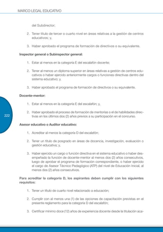 MARCO LEGAL EDUCATIVO
222
del Subdirector;
2.	 Tener título de tercer o cuarto nivel en áreas relativas a la gestión de centros
educativos; y,
3.	 Haber aprobado el programa de formación de directivos o su equivalente.
Inspector general o Subinspector general:
1.	 Estar al menos en la categoría E del escalafón docente;
2.	 Tener al menos un diploma superior en áreas relativas a gestión de centros edu-
cativos o haber ejercido anteriormente cargos o funciones directivas dentro del
sistema educativo; y,
3.	 Haber aprobado el programa de formación de directivos o su equivalente.
Docente-mentor:
1.	 Estar al menos en la categoría E del escalafón; y,
2.	 Haber aprobado el proceso de formación de mentorías o el de habilidades direc-
tivas en los últimos dos (2) años previos a su participación en el concurso.
Asesor educativo o Auditor educativo:
1.	 Acreditar al menos la categoría D del escalafón;
2.	 Tener un título de posgrado en áreas de docencia, investigación, evaluación o
gestión educativa; y,
3.	 Haber ejercido un cargo o función directiva en el sistema educativo o haber des-
empeñado la función de docente-mentor al menos dos (2) años consecutivos,
luego de aprobar el programa de formación correspondiente, o haber ejercido
el cargo de Asesor Técnico Pedagógico (ATP) del nivel de Educación Inicial, al
menos dos (2) años consecutivos.
Para acreditar la categoría D, los aspirantes deben cumplir con los siguientes
requisitos:
1.	 Tener un título de cuarto nivel relacionado a educación;
2.	 Cumplir con al menos una (1) de las opciones de capacitación previstas en el
presente reglamento para la categoría D del escalafón;
3.	 Certificar mínimo doce (12) años de experiencia docente desde la titulación aca-
 