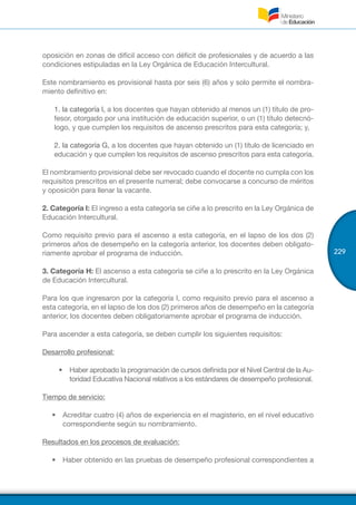 229
oposición en zonas de difícil acceso con déficit de profesionales y de acuerdo a las
condiciones estipuladas en la Ley Orgánica de Educación Intercultural.
Este nombramiento es provisional hasta por seis (6) años y solo permite el nombra-
miento definitivo en:
1. la categoría I, a los docentes que hayan obtenido al menos un (1) título de pro-
fesor, otorgado por una institución de educación superior, o un (1) título detecnó-
logo, y que cumplen los requisitos de ascenso prescritos para esta categoría; y,
2. la categoría G, a los docentes que hayan obtenido un (1) título de licenciado en
educación y que cumplen los requisitos de ascenso prescritos para esta categoría.
El nombramiento provisional debe ser revocado cuando el docente no cumpla con los
requisitos prescritos en el presente numeral; debe convocarse a concurso de méritos
y oposición para llenar la vacante.
2. Categoría I: El ingreso a esta categoría se ciñe a lo prescrito en la Ley Orgánica de
Educación Intercultural.
Como requisito previo para el ascenso a esta categoría, en el lapso de los dos (2)
primeros años de desempeño en la categoría anterior, los docentes deben obligato-
riamente aprobar el programa de inducción.
3. Categoría H: El ascenso a esta categoría se ciñe a lo prescrito en la Ley Orgánica
de Educación Intercultural.
Para los que ingresaron por la categoría I, como requisito previo para el ascenso a
esta categoría, en el lapso de los dos (2) primeros años de desempeño en la categoría
anterior, los docentes deben obligatoriamente aprobar el programa de inducción.
Para ascender a esta categoría, se deben cumplir los siguientes requisitos:
Desarrollo profesional:
•	 Haber aprobado la programación de cursos definida por el Nivel Central de la Au-
toridad Educativa Nacional relativos a los estándares de desempeño profesional.
Tiempo de servicio:
•	 Acreditar cuatro (4) años de experiencia en el magisterio, en el nivel educativo
correspondiente según su nombramiento.
Resultados en los procesos de evaluación:
•	 Haber obtenido en las pruebas de desempeño profesional correspondientes a
 
