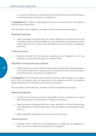 MARCO LEGAL EDUCATIVO
230
su función la calificación requerida por el Nivel Central de la Autoridad Educa-
tiva Nacional para el ascenso a la categoría H.
4. Categoría G: El ingreso a esta categoría se ciñe a lo prescrito en la Ley Orgánica
de Educación Intercultural.
Para ascender a esta categoría, se deben cumplir los siguientes requisitos:
Desarrollo profesional:
•	 Haber aprobado la programación de cursos definida por el Nivel Central de la
Autoridad Educativa Nacionalrelativos a los estándares de desempeño profe-
sional, siempre que no hayan sido utilizados para la promoción en categorías
anteriores.
Tiempo de servicio:
•	 Deberán acreditar ocho (8) años de experiencia en el magisterio, en el nivel
educativo correspondiente según su nombramiento.
Resultados en los procesos de evaluación:
•	 Haber obtenido en las pruebas de desempeño profesional correspondientes a
su función la calificación requerida por el Nivel Central de la Autoridad Educa-
tiva Nacional para el ascenso a la categoría G.
5. Categoría F: Como requisito previo para el ascenso a esta categoría, en el lapso
de los dos (2) primeros años de desempeño en la categoría anterior, los docentes
deben obligatoriamente aprobar el programa de inducción.
Para ascender a esta categoría, se deben cumplir los siguientes requisitos:
Desarrollo profesional:
•	 Cumplir con al menos una (1) de las siguientes opciones, siempre que no hayan
sido utilizadas para la promoción en categorías anteriores:
•	 Haber aprobado la programación de cursos definida por el Nivel Central de la
Autoridad Educativa Nacionalrelativos a los estándares de desempeño profe-
sional, o
•	 Haber aprobado el programa de formación para mentores.
Tiempo de servicio:
•	 Certificar mínimo cuatro (4) años de experiencia si ingresó por la categoría G o
doce (12) años de experiencia si ingresó por la categoría I.
 