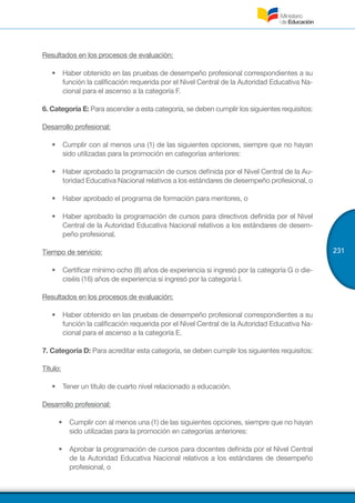231
Resultados en los procesos de evaluación:
•	 Haber obtenido en las pruebas de desempeño profesional correspondientes a su
función la calificación requerida por el Nivel Central de la Autoridad Educativa Na-
cional para el ascenso a la categoría F.
6. Categoría E: Para ascender a esta categoría, se deben cumplir los siguientes requisitos:
Desarrollo profesional:
•	 Cumplir con al menos una (1) de las siguientes opciones, siempre que no hayan
sido utilizadas para la promoción en categorías anteriores:
•	 Haber aprobado la programación de cursos definida por el Nivel Central de la Au-
toridad Educativa Nacional relativos a los estándares de desempeño profesional, o
•	 Haber aprobado el programa de formación para mentores, o
•	 Haber aprobado la programación de cursos para directivos definida por el Nivel
Central de la Autoridad Educativa Nacional relativos a los estándares de desem-
peño profesional.
Tiempo de servicio:
•	 Certificar mínimo ocho (8) años de experiencia si ingresó por la categoría G o die-
ciséis (16) años de experiencia si ingresó por la categoría I.
Resultados en los procesos de evaluación:
•	 Haber obtenido en las pruebas de desempeño profesional correspondientes a su
función la calificación requerida por el Nivel Central de la Autoridad Educativa Na-
cional para el ascenso a la categoría E.
7. Categoría D: Para acreditar esta categoría, se deben cumplir los siguientes requisitos:
Título:
•	 Tener un título de cuarto nivel relacionado a educación.
Desarrollo profesional:
•	 Cumplir con al menos una (1) de las siguientes opciones, siempre que no hayan
sido utilizadas para la promoción en categorías anteriores:
•	 Aprobar la programación de cursos para docentes definida por el Nivel Central
de la Autoridad Educativa Nacional relativos a los estándares de desempeño
profesional, o
 