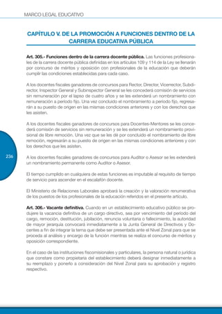 MARCO LEGAL EDUCATIVO
236
CAPÍTULO V. DE LA PROMOCIÓN A FUNCIONES DENTRO DE LA
CARRERA EDUCATIVA PÚBLICA
Art. 305.- Funciones dentro de la carrera docente pública. Las funciones profesiona-
les de la carrera docente pública definidas en los artículos 109 y 114 de la Ley se llenarán
por concurso de méritos y oposición con profesionales de la educación que deberán
cumplir las condiciones establecidas para cada caso.
A los docentes fiscales ganadores de concursos para Rector, Director, Vicerrector, Subdi-
rector, Inspector General y Subinspector General se les concederá comisión de servicios
sin remuneración por el lapso de cuatro años y se les extenderá un nombramiento con
remuneración a período fijo. Una vez concluido el nombramiento a período fijo, regresa-
rán a su puesto de origen en las mismas condiciones anteriores y con los derechos que
les asisten. 
A los docentes fiscales ganadores de concursos para Docentes-Mentores se les conce-
derá comisión de servicios sin remuneración y se les extenderá un nombramiento provi-
sional de libre remoción. Una vez que se les dé por concluido el nombramiento de libre
remoción, regresarán a su puesto de origen en las mismas condiciones anteriores y con
los derechos que les asisten. 
A los docentes fiscales ganadores de concursos para Auditor o Asesor se les extenderá
un nombramiento permanente como Auditor o Asesor.
El tiempo cumplido en cualquiera de estas funciones es imputable al requisito de tiempo
de servicio para ascender en el escalafón docente.
El Ministerio de Relaciones Laborales aprobará la creación y la valoración renumerativa
de los puestos de los profesionales de la educación referidos en el presente artículo. 
Art. 306.- Vacante definitiva. Cuando en un establecimiento educativo público se pro-
dujere la vacancia definitiva de un cargo directivo, sea por vencimiento del período del
cargo, remoción, destitución, jubilación, renuncia voluntaria o fallecimiento, la autoridad
de mayor jerarquía convocará inmediatamente a la Junta General de Directivos y Do-
centes a fin de integrar la terna que debe ser presentada ante el Nivel Zonal para que se
proceda al análisis y encargo de la función mientras se realiza el concurso de méritos y
oposición correspondiente.
En el caso de las instituciones fiscomisionales y particulares, la persona natural o jurídica
que constare como propietaria del establecimiento deberá designar inmediatamente a
su reemplazo y ponerlo a consideración del Nivel Zonal para su aprobación y registro
respectivo.
 
