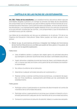 MARCO LEGAL EDUCATIVO
242
CAPÍTULO IV. DE LAS FALTAS DE LOS ESTUDIANTES
Art. 330.- Faltas de los estudiantes. Los establecimientos educativos deben ejecutar
actividades dirigidas a prevenir y/o corregir la comisión de faltas de los estudiantes,
de conformidad con la normativa que para el efecto expida el Nivel Central de la Au-
toridad Educativa Nacional. Como parte de estas actividades, al inicio del año lectivo,
los estudiantes y sus representantes legales deberán firmar una carta de compromiso
en la que afirmen comprender las normas, y se comprometan a que el estudiante no
cometerá actos que las violenten.
Las faltas de los estudiantes son las que se establecen en el artículo 134 de la Ley
Orgánica de Educación Intercultural. Estas faltas pueden ser leves, graves o muy
graves:
1.	 Alterar la paz, la convivencia armónica e irrespetar los Códigos de Convivencia
de los Centros Educativos es una falta que puede ser leve, grave o muy grave, de
acuerdo con la siguiente explicación:
Faltas leves:
•	 Usar el teléfono celular o cualquier otro objeto ajeno a la actividad educativa
que distrajere su atención durante las horas de clase o actividades educativas;
•	 Ingerir alimentos o bebidas durante las horas de clase o actividades educati-
vas, a menos que esto se hiciere como parte de las actividades de enseñan-
za aprendizaje;
•	 No utilizar el uniforme de la institución;
•	 Abandonar cualquier actividad educativa sin autorización; y
•	 Realizar ventas o solicitar contribuciones económicas, a excepción de aque-
llas con fines benéficos, expresamente permitidas por las autoridades del
establecimiento.
Faltas graves:
•	 Participar activa o pasivamente en acciones de discriminación en contra de
miembros de la comunidad educativa;
•	 Participar activa o pasivamente en acciones que vulneren el derecho a la in-
timidad personal de cualquiera de los miembros de la comunidad educativa;
•	 Consumir o promover el consumo de alcohol, tabaco o sustancias estupefa-
 
