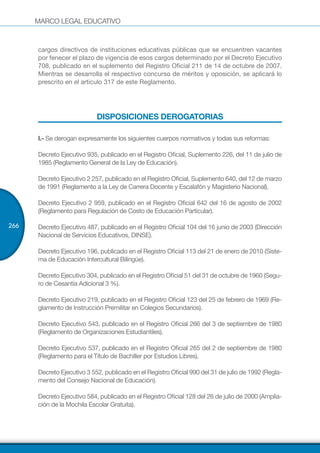 MARCO LEGAL EDUCATIVO
266
cargos directivos de instituciones educativas públicas que se encuentren vacantes
por fenecer el plazo de vigencia de esos cargos determinado por el Decreto Ejecutivo
708, publicado en el suplemento del Registro Oficial 211 de 14 de octubre de 2007.
Mientras se desarrolla el respectivo concurso de méritos y oposición, se aplicará lo
prescrito en el artículo 317 de este Reglamento.
DISPOSICIONES DEROGATORIAS
I.- Se derogan expresamente los siguientes cuerpos normativos y todas sus reformas:
Decreto Ejecutivo 935, publicado en el Registro Oficial, Suplemento 226, del 11 de julio de
1985 (Reglamento General de la Ley de Educación).
Decreto Ejecutivo 2 257, publicado en el Registro Oficial, Suplemento 640, del 12 de marzo
de 1991 (Reglamento a la Ley de Carrera Docente y Escalafón y Magisterio Nacional).
Decreto Ejecutivo 2 959, publicado en el Registro Oficial 642 del 16 de agosto de 2002
(Reglamento para Regulación de Costo de Educación Particular).
Decreto Ejecutivo 487, publicado en el Registro Oficial 104 del 16 junio de 2003 (Dirección
Nacional de Servicios Educativos, DINSE).
Decreto Ejecutivo 196, publicado en el Registro Oficial 113 del 21 de enero de 2010 (Siste-
ma de Educación Intercultural Bilingüe).
Decreto Ejecutivo 304, publicado en el Registro Oficial 51 del 31 de octubre de 1960 (Segu-
ro de Cesantía Adicional 3 %).
Decreto Ejecutivo 219, publicado en el Registro Oficial 123 del 25 de febrero de 1969 (Re-
glamento de Instrucción Premilitar en Colegios Secundarios).
Decreto Ejecutivo 543, publicado en el Registro Oficial 266 del 3 de septiembre de 1980
(Reglamento de Organizaciones Estudiantiles).
Decreto Ejecutivo 537, publicado en el Registro Oficial 265 del 2 de septiembre de 1980
(Reglamento para el Título de Bachiller por Estudios Libres).
Decreto Ejecutivo 3 552, publicado en el Registro Oficial 990 del 31 de julio de 1992 (Regla-
mento del Consejo Nacional de Educación).
Decreto Ejecutivo 584, publicado en el Registro Oficial 128 del 26 de julio de 2000 (Amplia-
ción de la Mochila Escolar Gratuita).
 