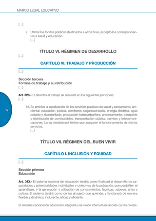 MARCO LEGAL EDUCATIVO
32
[…]
2.	 Utilizar los fondos públicos destinados a otros fines, excepto los correspondien-
tes a salud y educación.
[…]
TÍTULO VI. RÉGIMEN DE DESARROLLO
[…]
CAPÍTULO VI. TRABAJO Y PRODUCCIÓN
[…]
Sección tercera
Formas de trabajo y su retribución
[…]
Art. 326.- El derecho al trabajo se sustenta en los siguientes principios:
[…]
15.	Se prohíbe la paralización de los servicios públicos de salud y saneamiento am-
biental, educación, justicia, bomberos, seguridad social, energía eléctrica, agua
potable y alcantarillado, producción hidrocarburífera, procesamiento, transporte
y distribución de combustibles, transportación pública, correos y telecomuni-
caciones. La ley establecerá límites que aseguren el funcionamiento de dichos
servicios.
[…]
TÍTULO VII. RÉGIMEN DEL BUEN VIVIR
CAPÍTULO I. INCLUSIÓN Y EQUIDAD
[…]
Sección primera
Educación
Art. 343.- El sistema nacional de educación tendrá como finalidad el desarrollo de ca-
pacidades y potencialidades individuales y colectivas de la población, que posibiliten el
aprendizaje, y la generación y utilización de conocimientos, técnicas, saberes, artes y
cultura. El sistema tendrá como centro al sujeto que aprende, y funcionará de manera
flexible y dinámica, incluyente, eficaz y eficiente.
El sistema nacional de educación integrará una visión intercultural acorde con la diversi-
 