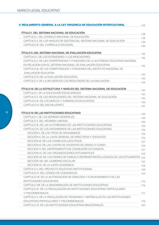 MARCO LEGAL EDUCATIVO
6
V. REGLAMENTO GENERAL A LA LEY ORGÁNICA DE EDUCACIÓN INTERCULTURAL
TÍTULO I. DEL SISTEMA NACIONAL DE EDUCACIÓN
CAPÍTULO I. DEL CONSEJO NACIONAL DE EDUCACIÓN
CAPÍTULO II. DE LOS NIVELES DE GESTIÓN DEL SISTEMA NACIONAL DE EDUCACIÓN
CAPÍTULO III. DEL CURRÍCULO NACIONAL
TÍTULO II. DEL SISTEMA NACIONAL DE EVALUACIÓN EDUCATIVA
CAPÍTULO I. DE LOS ESTÁNDARES Y LOS INDICADORES
CAPÍTULO II. DE LAS COMPETENCIAS Y FUNCIONES DE LA AUTORIDAD EDUCATIVA NACIONAL
EN RELACIÓN CON EL SISTEMA NACIONAL DE EVALUACIÓN EDUCATIVA
CAPÍTULO III. DE LAS COMPETENCIAS Y FUNCIONES DEL INSTITUTO NACIONAL DE
EVALUACIÓN EDUCATIVA
CAPÍTULO IV. DE LA EVALUACIÓN EDUCATIVA
CAPÍTULO V. DE LA DIFUSIÓN DE LOS RESULTADOS DE LA EVALUACIÓN
TÍTULO III. DE LA ESTRUCTURA Y NIVELES DEL SISTEMA NACIONAL DE EDUCACIÓN
CAPÍTULO I. DE LA EDUCACIÓN ESCOLARIZADA
CAPÍTULO II. DE LAS MODALIDADES DEL SISTEMA NACIONAL DE EDUCACIÓN
CAPÍTULO III. DE LOS NIVELES Y SUBNIVELES EDUCATIVOS
CAPÍTULO IV. DEL BACHILLERATO
TÍTULO IV. DE LAS INSTITUCIONES EDUCATIVAS
CAPÍTULO I. DE LAS NORMAS GENERALES
CAPÍTULO II. DEL RÉGIMEN LABORAL
CAPÍTULO III. DE LAS AUTORIDADES DE LAS INSTITUCIONES EDUCATIVAS
CAPÍTULO IV. DE LOS ORGANISMOS DE LAS INSTITUCIONES EDUCATIVAS
SECCIÓN I. DE LOS TIPOS DE ORGANISMOS
SECCIÓN II. DE LA JUNTA GENERAL DE DIRECTIVOS Y DOCENTES
SECCIÓN III. DE LOS CONSEJOS EJECUTIVOS
SECCIÓN IV. DE LAS JUNTAS DE DOCENTES DE GRADO O CURSO
SECCIÓN V. DEL DEPARTAMENTO DE CONSEJERÍA ESTUDIANTIL
SECCIÓN VI. DE LAS ORGANIZACIONES ESTUDIANTILES
SECCIÓN VII. DE LOS PADRES DE FAMILIA O REPRESENTANTES LEGALES DE LOS ESTUDIANTES
SECCIÓN VIII. DEL GOBIERNO ESCOLAR
SECCIÓN IX. DE LA JUNTA ACADÉMICA
CAPÍTULO V. DEL PROYECTO EDUCATIVO INSTITUCIONAL
CAPÍTULO VI. DEL CÓDIGO DE CONVIVENCIA
CAPÍTULO VII. DE LA AUTORIZACIÓN DE CREACIÓN Y FUNCIONAMIENTO DE LAS
INSTITUCIONES EDUCATIVAS
CAPÍTULO VIII. DE LA DENOMINACIÓN DE INSTITUCIONES EDUCATIVAS
CAPÍTULO IX. DE LA FISCALIZACIÓN DE INSTITUCIONES EDUCATIVAS PARTICULARES
Y FISCOMISIONALES
CAPÍTULO X. DE LA REGULACIÓN DE PENSIONES Y MATRÍCULAS EN LAS INSTITUCIONES
EDUCATIVAS PARTICULARES Y FISCOMISIONALES
CAPÍTULO XI. DE LAS INSTITUCIONES EDUCATIVAS BINACIONALES
135
138
138
138
140
142
142
142
143
143
144
145
145
145
146
147
149
149
149
150
156
156
156
157
159
161
162
165
165
168
168
169
170
176
177
178
183
 