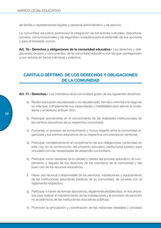 MARCO LEGAL EDUCATIVO
68
de familia o representantes legales y personal administrativo y de servicio.
La comunidad educativa promoverá la integración de los actores culturales, deportivos,
sociales, comunicacionales y de seguridad ciudadana para el desarrollo de sus acciones
y para el bienestar común.
Art. 16.- Derechos y obligaciones de la comunidad educativa.- Los derechos y obli-
gaciones, propios y concurrentes, de la comunidad educativa son los que corresponden
a sus actores en forma individual y colectiva.
CAPÍTULO SÉPTIMO. DE LOS DERECHOS Y OBLIGACIONES
DE LA COMUNIDAD
Art. 17.- Derechos.- Los miembros de la comunidad gozan de los siguientes derechos:
a)	 Recibir educación escolarizada o no escolarizada, formal o informal a lo largo de
su vida que, complemente sus capacidades y habilidades para ejercer la ciuda-
danía y el derecho al Buen Vivir;
b)	 Participar activamente en el conocimiento de las realidades institucionales de
los centros educativos de su respectiva comunidad;
c)	 Fomentar un proceso de conocimiento y mutuo respeto entre la comunidad or-
ganizada y los centros educativos de su respectiva circunscripción territorial;
d)	 Participar, correlativamente al cumplimiento de sus obligaciones contenidas en
esta Ley, en la construcción del proyecto educativo institucional público para
vincularlo con las necesidades de desarrollo comunitario;
e)	 Participar como veedores de la calidad y calidez del proceso educativo, el cum-
plimiento y respeto de los derechos de los miembros de la comunidad y del
buen uso de los recursos educativos;
f)	 Hacer uso racional y responsable de los servicios, instalaciones y equipamiento
de las instituciones educativas públicas de su comunidad, de acuerdo con el
reglamento respectivo;
g)	 Participar a través de formas asociativas, legalmente establecidas, en los proce-
sos para realizar el mantenimiento de las instalaciones y la provisión de servicios
no académicos de las instituciones educativas públicas;
h)	 Promover la articulación y coordinación de las instancias estatales y privadas
 