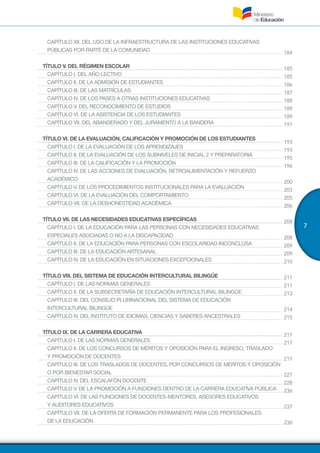 7
CAPÍTULO XII. DEL USO DE LA INFRAESTRUCTURA DE LAS INSTITUCIONES EDUCATIVAS
PÚBLICAS POR PARTE DE LA COMUNIDAD
TÍTULO V. DEL RÉGIMEN ESCOLAR
CAPÍTULO I. DEL AÑO LECTIVO
CAPÍTULO II. DE LA ADMISIÓN DE ESTUDIANTES
CAPÍTULO III. DE LAS MATRÍCULAS
CAPÍTULO IV. DE LOS PASES A OTRAS INSTITUCIONES EDUCATIVAS
CAPÍTULO V. DEL RECONOCIMIENTO DE ESTUDIOS
CAPÍTULO VI. DE LA ASISTENCIA DE LOS ESTUDIANTES
CAPÍTULO VII. DEL ABANDERADO Y DEL JURAMENTO A LA BANDERA
TÍTULO VI. DE LA EVALUACIÓN, CALIFICACIÓN Y PROMOCIÓN DE LOS ESTUDIANTES
CAPÍTULO I. DE LA EVALUACIÓN DE LOS APRENDIZAJES
CAPÍTULO II. DE LA EVALUACIÓN DE LOS SUBNIVELES DE INICIAL 2 Y PREPARATORIA
CAPÍTULO III. DE LA CALIFICACIÓN Y LA PROMOCIÓN
CAPÍTULO IV. DE LAS ACCIONES DE EVALUACIÓN, RETROALIMENTACIÓN Y REFUERZO
ACADÉMICO
CAPÍTULO V. DE LOS PROCEDIMIENTOS INSTITUCIONALES PARA LA EVALUACIÓN
CAPÍTULO VI. DE LA EVALUACIÓN DEL COMPORTAMIENTO
CAPÍTULO VII. DE LA DESHONESTIDAD ACADÉMICA
TÍTULO VII. DE LAS NECESIDADES EDUCATIVAS ESPECÍFICAS
CAPÍTULO I. DE LA EDUCACIÓN PARA LAS PERSONAS CON NECESIDADES EDUCATIVAS
ESPECIALES ASOCIADAS O NO A LA DISCAPACIDAD
CAPÍTULO II. DE LA EDUCACIÓN PARA PERSONAS CON ESCOLARIDAD INCONCLUSA
CAPÍTULO III. DE LA EDUCACIÓN ARTESANAL
CAPÍTULO IV. DE LA EDUCACIÓN EN SITUACIONES EXCEPCIONALES
TÍTULO VIII. DEL SISTEMA DE EDUCACIÓN INTERCULTURAL BILINGÜE
CAPÍTULO I. DE LAS NORMAS GENERALES
CAPÍTULO II. DE LA SUBSECRETARÍA DE EDUCACIÓN INTERCULTURAL BILINGÜE
CAPÍTULO III. DEL CONSEJO PLURINACIONAL DEL SISTEMA DE EDUCACIÓN
INTERCULTURAL BILINGÜE
CAPÍTULO IV. DEL INSTITUTO DE IDIOMAS, CIENCIAS Y SABERES ANCESTRALES
TÍTULO IX. DE LA CARRERA EDUCATIVA
CAPÍTULO I. DE LAS NORMAS GENERALES
CAPÍTULO II. DE LOS CONCURSOS DE MÉRITOS Y OPOSICIÓN PARA EL INGRESO, TRASLADO
Y PROMOCIÓN DE DOCENTES
CAPÍTULO III. DE LOS TRASLADOS DE DOCENTES, POR CONCURSOS DE MÉRITOS Y OPOSICIÓN
O POR BIENESTAR SOCIAL
CAPÍTULO IV. DEL ESCALAFÓN DOCENTE
CAPÍTULO V. DE LA PROMOCIÓN A FUNCIONES DENTRO DE LA CARRERA EDUCATIVA PÚBLICA
CAPÍTULO VI. DE LAS FUNCIONES DE DOCENTES-MENTORES, ASESORES EDUCATIVOS
Y AUDITORES EDUCATIVOS
CAPÍTULO VII. DE LA OFERTA DE FORMACIÓN PERMANENTE PARA LOS PROFESIONALES
DE LA EDUCACIÓN
184
185
185
186
187
188
189
189
191
193
193
195
196
200
203
205
206
208
208
209
209
210
211
211
213
214
215
217
217
217
227
228
236
237
238
 