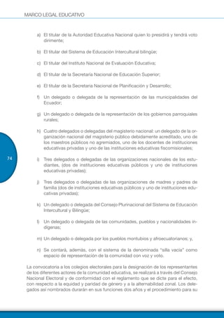 MARCO LEGAL EDUCATIVO
74
a)	 El titular de la Autoridad Educativa Nacional quien lo presidirá y tendrá voto
dirimente;
b)	 El titular del Sistema de Educación Intercultural bilingüe;
c)	 El titular del Instituto Nacional de Evaluación Educativa;
d)	 El titular de la Secretaría Nacional de Educación Superior;
e)	 El titular de la Secretaria Nacional de Planificación y Desarrollo;
f)	 Un delegado o delegada de la representación de las municipalidades del
Ecuador;
g)	 Un delegado o delegada de la representación de los gobiernos parroquiales
rurales;
h)	 Cuatro delegados o delegadas del magisterio nacional: un delegado de la or-
ganización nacional del magisterio público debidamente acreditado, uno de
los maestros públicos no agremiados, uno de los docentes de instituciones
educativas privadas y uno de las instituciones educativas fiscomisionales;
i)	 Tres delegados o delegadas de las organizaciones nacionales de los estu-
diantes, (dos de instituciones educativas públicos y uno de instituciones
educativas privadas);
j)	 Tres delegados o delegadas de las organizaciones de madres y padres de
familia (dos de instituciones educativas públicos y uno de instituciones edu-
cativas privadas);
k)	 Un delegado o delegada del Consejo Plurinacional del Sistema de Educación
Intercultural y Bilingüe;
l)	 Un delegado o delegada de las comunidades, pueblos y nacionalidades in-
dígenas;
m)	Un delegado o delegada por los pueblos montubios y afroecuatorianos; y,
n)	 Se contará, además, con el sistema de la denominada “silla vacía” como
espacio de representación de la comunidad con voz y voto.
La convocatoria a los colegios electorales para la designación de los representantes
de los diferentes actores de la comunidad educativa, se realizará a través del Consejo
Nacional Electoral y de conformidad con el reglamento que se dicte para el efecto,
con respecto a la equidad y paridad de género y a la alternabilidad zonal. Los dele-
gados así nombrados durarán en sus funciones dos años y el procedimiento para su
 