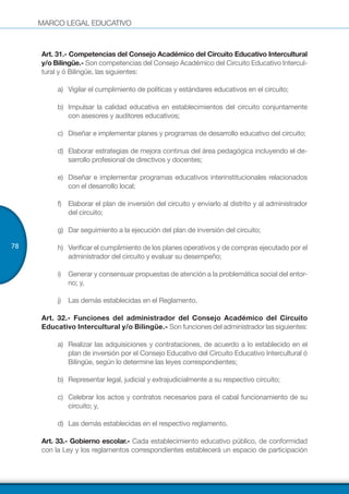 MARCO LEGAL EDUCATIVO
78
Art. 31.- Competencias del Consejo Académico del Circuito Educativo Intercultural
y/o Bilingüe.- Son competencias del Consejo Académico del Circuito Educativo Intercul-
tural y ó Bilingüe, las siguientes:
a)	 Vigilar el cumplimiento de políticas y estándares educativos en el circuito;
b)	 Impulsar la calidad educativa en establecimientos del circuito conjuntamente
con asesores y auditores educativos;
c)	 Diseñar e implementar planes y programas de desarrollo educativo del circuito;
d)	 Elaborar estrategias de mejora continua del área pedagógica incluyendo el de-
sarrollo profesional de directivos y docentes;
e)	 Diseñar e implementar programas educativos interinstitucionales relacionados
con el desarrollo local;
f)	 Elaborar el plan de inversión del circuito y enviarlo al distrito y al administrador
del circuito;
g)	 Dar seguimiento a la ejecución del plan de inversión del circuito;
h)	 Verificar el cumplimiento de los planes operativos y de compras ejecutado por el
administrador del circuito y evaluar su desempeño;
i)	 Generar y consensuar propuestas de atención a la problemática social del entor-
no; y,
j)	 Las demás establecidas en el Reglamento.
Art. 32.- Funciones del administrador del Consejo Académico del Circuito
Educativo Intercultural y/o Bilingüe.- Son funciones del administrador las siguientes:
a)	 Realizar las adquisiciones y contrataciones, de acuerdo a lo establecido en el
plan de inversión por el Consejo Educativo del Circuito Educativo Intercultural ó
Bilingüe, según lo determine las leyes correspondientes;
b)	 Representar legal, judicial y extrajudicialmente a su respectivo circuito;
c)	 Celebrar los actos y contratos necesarios para el cabal funcionamiento de su
circuito; y,
d)	 Las demás establecidas en el respectivo reglamento.
Art. 33.- Gobierno escolar.- Cada establecimiento educativo público, de conformidad
con la Ley y los reglamentos correspondientes establecerá un espacio de participación
 