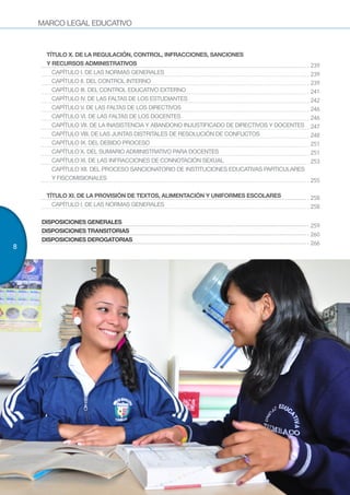 MARCO LEGAL EDUCATIVO
TÍTULO X. DE LA REGULACIÓN, CONTROL, INFRACCIONES, SANCIONES
Y RECURSOS ADMINISTRATIVOS
CAPÍTULO I. DE LAS NORMAS GENERALES
CAPÍTULO II. DEL CONTROL INTERNO
CAPÍTULO III. DEL CONTROL EDUCATIVO EXTERNO
CAPÍTULO IV. DE LAS FALTAS DE LOS ESTUDIANTES
CAPÍTULO V. DE LAS FALTAS DE LOS DIRECTIVOS
CAPÍTULO VI. DE LAS FALTAS DE LOS DOCENTES
CAPÍTULO VII. DE LA INASISTENCIA Y ABANDONO INJUSTIFICADO DE DIRECTIVOS Y DOCENTES
CAPÍTULO VIII. DE LAS JUNTAS DISTRITALES DE RESOLUCIÓN DE CONFLICTOS
CAPÍTULO IX. DEL DEBIDO PROCESO
CAPÍTULO X. DEL SUMARIO ADMINISTRATIVO PARA DOCENTES
CAPÍTULO XI. DE LAS INFRACCIONES DE CONNOTACIÓN SEXUAL
CAPÍTULO XII. DEL PROCESO SANCIONATORIO DE INSTITUCIONES EDUCATIVAS PARTICULARES
Y FISCOMISIONALES
TÍTULO XI. DE LA PROVISIÓN DE TEXTOS, ALIMENTACIÓN Y UNIFORMES ESCOLARES
CAPÍTULO I. DE LAS NORMAS GENERALES
DISPOSICIONES GENERALES
DISPOSICIONES TRANSITORIAS
DISPOSICIONES DEROGATORIAS
8
239
239
239
241
242
246
246
247
248
251
251
253
255
258
258
259
260
266
 