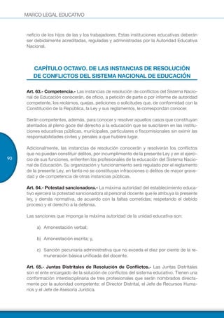 MARCO LEGAL EDUCATIVO
90
neficio de los hijos de las y los trabajadores. Estas instituciones educativas deberán
ser debidamente acreditadas, reguladas y administradas por la Autoridad Educativa
Nacional.
CAPÍTULO OCTAVO. DE LAS INSTANCIAS DE RESOLUCIÓN
DE CONFLICTOS DEL SISTEMA NACIONAL DE EDUCACIÓN
Art. 63.- Competencia.- Las instancias de resolución de conflictos del Sistema Nacio-
nal de Educación conocerán, de oficio, a petición de parte o por informe de autoridad
competente, los reclamos, quejas, peticiones o solicitudes que, de conformidad con la
Constitución de la República, la Ley y sus reglamentos, le correspondan conocer.
Serán competentes, además, para conocer y resolver aquellos casos que constituyan
atentados al pleno goce del derecho a la educación que se suscitaren en las institu-
ciones educativas públicas, municipales, particulares o fiscomisionales sin eximir las
responsabilidades civiles y penales a que hubiere lugar.
Adicionalmente, las instancias de resolución conocerán y resolverán los conflictos
que no puedan constituir delitos, por incumplimiento de la presente Ley y en el ejerci-
cio de sus funciones, enfrenten los profesionales de la educación del Sistema Nacio-
nal de Educación. Su organización y funcionamiento será regulado por el reglamento
de la presente Ley, en tanto no se constituyan infracciones o delitos de mayor grave-
dad y de competencia de otras instancias públicas.
Art. 64.- Potestad sancionadora.- La máxima autoridad del establecimiento educa-
tivo ejercerá la potestad sancionadora al personal docente que le atribuya la presente
ley, y demás normativa, de acuerdo con la faltas cometidas; respetando el debido
proceso y el derecho a la defensa.
Las sanciones que imponga la máxima autoridad de la unidad educativa son:
a)	 Amonestación verbal;
b)	 Amonestación escrita; y,
c)	 Sanción pecuniaria administrativa que no exceda el diez por ciento de la re-
muneración básica unificada del docente.
Art. 65.- Juntas Distritales de Resolución de Conflictos.- Las Juntas Distritales
son el ente encargado de la solución de conflictos del sistema educativo. Tienen una
conformación interdisciplinaria de tres profesionales que serán nombrados directa-
mente por la autoridad competente: el Director Distrital, el Jefe de Recursos Huma-
nos y el Jefe de Asesoría Jurídica.
 