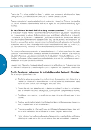 MARCO LEGAL EDUCATIVO
92
Evaluación Educativa, entidad de derecho público, con autonomía administrativa, finan-
ciera y técnica, con la finalidad de promover la calidad de la educación.
Es competencia del mencionado Instituto la evaluación integral del Sistema Nacional de
Educación. Para el cumplimiento de este fin, se regirá por sus propios estatutos y regla-
mentos.
Art. 68.- Sistema Nacional de Evaluación y sus componentes.- El Instituto realizará
la evaluación integral interna y externa del Sistema Nacional de Educación y establecerá
los indicadores de la calidad de la educación, que se aplicarán a través de la evaluación
continua de los siguientes componentes: gestión educativa de las autoridades educati-
vas, desempeño del rendimiento académico de las y los estudiantes, desempeño de los
directivos y docentes, gestión escolar, desempeño institucional, aplicación del currículo,
entre otros, siempre de acuerdo a los estándares de evaluación definidos por la Autoridad
Educativa Nacional y otros que el Instituto considere técnicamente pertinentes.
Para asegurar la correspondencia de las evaluaciones con los instrumentos antes men-
cionados se instrumentarán procesos de coordinación entre el Instituto y la Autoridad
Educativa Nacional. La evaluación del sistema de educación intercultural bilingüe se rea-
lizará en las lenguas de las respectivas nacionalidades, además del castellano de confor-
midad con el modelo y currículo nacional.
La Autoridad Educativa Nacional deberá proporcionar al Instituto de Evaluaciones toda
la información disponible que este requiera para cumplir con sus propósitos y funciones.
Art. 69.- Funciones y atribuciones del Instituto Nacional de Evaluación Educativa.-
Serán sus principales funciones:
a)	 Diseñar y aplicar pruebas y otros instrumentos de evaluación para determinar la
calidad del desempeño de estudiantes, docentes y directivos del sistema esco-
lar, de acuerdo con un plan estratégico de cuatro años;
b)	 Desarrollar estudios sobre las metodologías de evaluación más adecuadas tanto
para el contexto nacional, zonal y local, como para los componentes a evaluar;
c)	 Establecer instrumentos y procedimientos, que deberán utilizarse para la eva-
luación;
d)	 Realizar, a solicitud de la Autoridad Educativa Nacional, la evaluación de progra-
mas y proyectos en el ámbito educativo;
e)	 Procesar y analizar la información que se obtenga de las evaluaciones para faci-
litar la adecuada toma de decisiones en materia de política educativa;
f)	 Hacer públicos los resultados globales de la evaluación, respetando las políticas de
difusión y rendición social de cuentas establecidas por la autoridad competente;
 