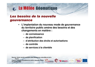 Les besoins de la nouvelle
gouvernance
                 L’implantation du nouveau mode de gouvernance
                 du territoire public amène des besoins et des
                 changements en matière :
                   –    de connaissance
                   –    de planification
                   –    d’attribution des droits et autorisations
                   –    de contrôle
                   –    de services à la clientèle



 Source: André Auclair ministère des Ressources naturelles et de la
      Faune
 Vingt et unièmes Entretiens du centre Jacques-Cartier
 10 octobre 2008
 