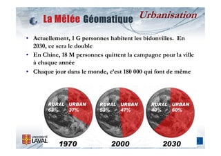 Urbanisation
• Actuellement, 1 G personnes habitent les bidonvilles. En
  2030, ce sera le double
• En Chine, 18 M personnes quittent la campagne pour la ville
  à chaque année
• Chaque jour dans le monde, c’est 180 000 qui font de même




       RURAL URBAN        RURAL URBAN        RURAL URBAN
       63%   37%          53%   47%          40%   60%




           1970               2000               2030
 