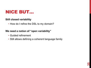 NICE BUT…
Still closed variability
• How do I refine the DSL to my domain?
We need a notion of “open variability”
• Guided refinement
• Still allows defining a coherent language family
35
 