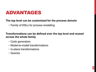 ADVANTAGES
The top level can be customized for the process domain
• Family of DSLs for process modelling
Transformations can be defined over the top level and reused
across the whole family
• Code generators
• Model-to-model transformations
• In-place transformations
• Queries
49
 