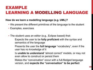 EXAMPLE
LEARNING A MODELLING LANGUAGE
How do we learn a modelling language (e.g. UML)?
• We present the different primitives of the language to the student
• Examples, exercises
• The student uses an editor (e.g., Eclipse based) that:
Expects the user to be fully proficient with the syntax and
semantics of the language
Presents the user the full language “vocabulary”, even if the
user has no knowledge of it
Is unable to understand “almost correct” models, or may not
even allow to construct or persist them
Makes the “conversation” occur with a full-fledged language
version, and expects the “conversation” to be perfect
5
 