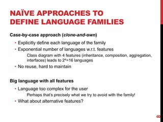 NAÏVE APPROACHES TO
DEFINE LANGUAGE FAMILIES
Case-by-case approach (clone-and-own)
• Explicitly define each language of the family
• Exponential number of languages w.r.t. features
Class diagram with 4 features (inheritance, composition, aggregation,
interfaces) leads to 24=16 languages
• No reuse, hard to maintain
Big language with all features
• Language too complex for the user
Perhaps that’s precisely what we try to avoid with the family!
• What about alternative features?
8
 
