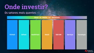 FinTech EdTech HealthTech Retail B2B SW Serviços Tecnologia
Onde investir?
Os setores mais quentes ;-)
Cloud • AI • Mobile • IoT • Blockchain
 