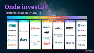 FinTech EdTech HealthTech Retail B2B SW Serviços Tecnologia
Onde investir?
Portfolio Redpoint eventures
Cloud • AI • Mobile • IoT • Blockchain
 