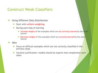 Construct Weak Classifiers
 Using Different Data Distribution
 Start with uniform weighting
 During each step of learning
 Increase weights of the examples which are not correctly learned by the weak
learner
 Decrease weights of the examples which are correctly learned by the weak
learner
 Idea
 Focus on difficult examples which are not correctly classified in the
previous steps
 Intuitive justification: models should be experts that complement each
other
 
