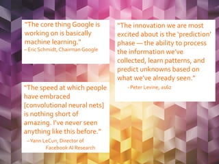 “The core thing Google is
working on is basically
machine learning."
– Eric Schmidt, Chairman Google
“The innovation we are most
excited about is the ‘prediction’
phase — the ability to process
the information we’ve
collected, learn patterns, and
predict unknowns based on
what we’ve already seen.”
- Peter Levine, a16z“The speed at which people
have embraced
[convolutional neural nets]
is nothing short of
amazing. I’ve never seen
anything like this before.”
–Yann LeCun, Director of
Facebook AI Research
 