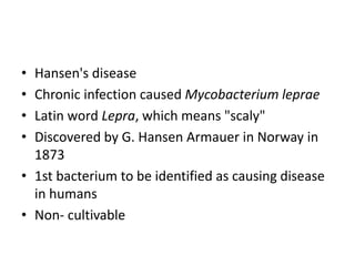 • Hansen's disease
• Chronic infection caused Mycobacterium leprae
• Latin word Lepra, which means "scaly"
• Discovered by G. Hansen Armauer in Norway in
1873
• 1st bacterium to be identified as causing disease
in humans
• Non- cultivable
 