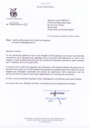 La position du Président de la Région Martinique concernant l'épandage aérien.