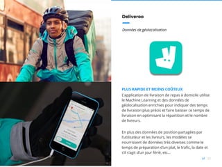 35//
Deliveroo
Données de géolocalisation
PLUS RAPIDE ET MOINS COÛTEUX
L’application de livraison de repas à domicile utilise
le Machine Learning et des données de
géolocalisation enrichies pour indiquer des temps
de livraison plus précis et faire baisser ce temps de
livraison en optimisant la répartition et le nombre
de livreurs.
En plus des données de position partagées par
l’utilisateur et les livreurs, les modèles se
nourrissent de données très diverses comme le
temps de préparation d’un plat, le trafic, la date et
s’il s’agit d’un jour férié, etc...
 