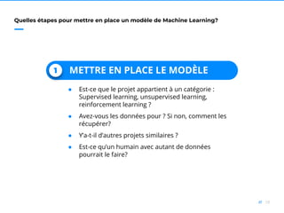 58//
Quelles étapes pour mettre en place un modèle de Machine Learning?
1 METTRE EN PLACE LE MODÈLE
● Est-ce que le projet appartient à un catégorie :
Supervised learning, unsupervised learning,
reinforcement learning ?
● Avez-vous les données pour ? Si non, comment les
récupérer?
● Y’a-t-il d’autres projets similaires ?
● Est-ce qu’un humain avec autant de données
pourrait le faire?
 