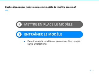 59//
Quelles étapes pour mettre en place un modèle de Machine Learning?
1 METTRE EN PLACE LE MODÈLE
● Faire tourner le modèle sur serveur ou directement
sur le smartphone?
2 ENTRAÎNER LE MODÈLE
 