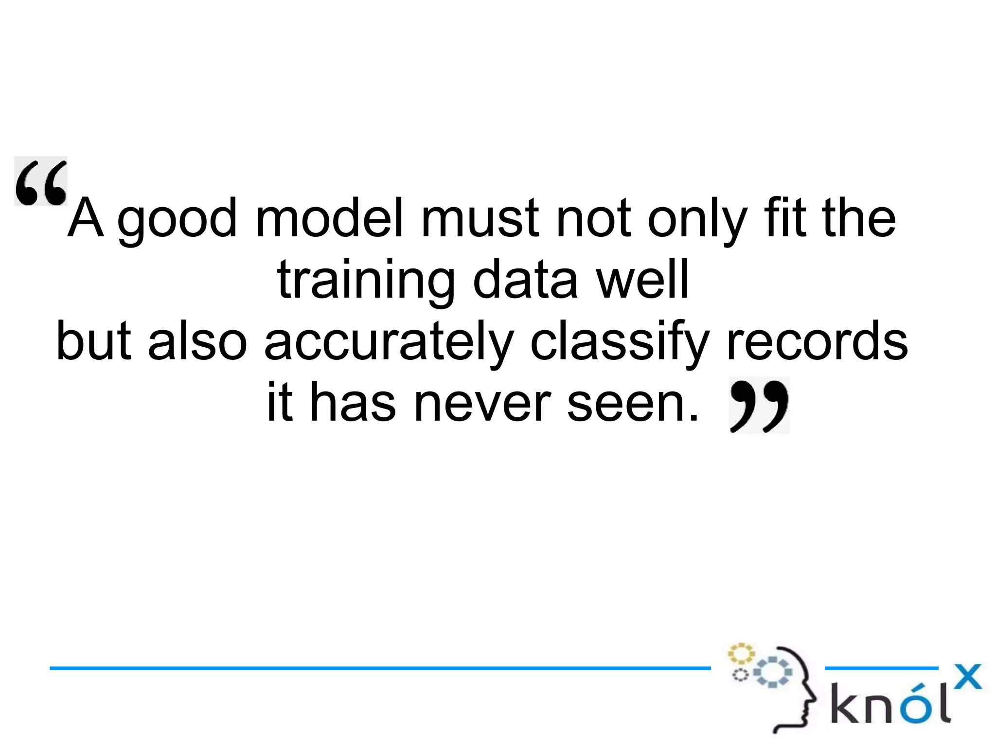 A good model must not only fit the
training data well
but also accurately classify records
it has never seen.
 