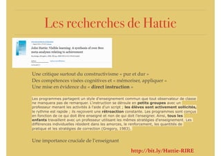 Les recherches de Hattie
Une critique surtout du constructivisme « pur et dur »
Des compétences visées cognitives et « mémoriser, appliquer « 
Une mise en évidence du « direct instruction »
Les programmes partagent un style d'enseignement commun que tout observateur de classe
ne manquera pas de remarquer. L'instruction se déroule en petits groupes avec un
professeur menant les activités à l'aide d'un script ; les élèves sont activement sollicités,
le rythme est rapide ; ils reçoivent une rétroaction constante. Les programmes sont conçus
en fonction de ce qui doit être enseigné et non de qui doit l’enseigner. Ainsi, tous les
enfants travaillent avec un professeur utilisant les mêmes stratégies d'enseignement. Les
différences individuelles résident dans les amorces, le renforcement, les quantités de
pratique et les stratégies de correction (Gregory, 1983).
Une importance cruciale de l’enseignant
http://bit.ly/Hattie-RIRE
 